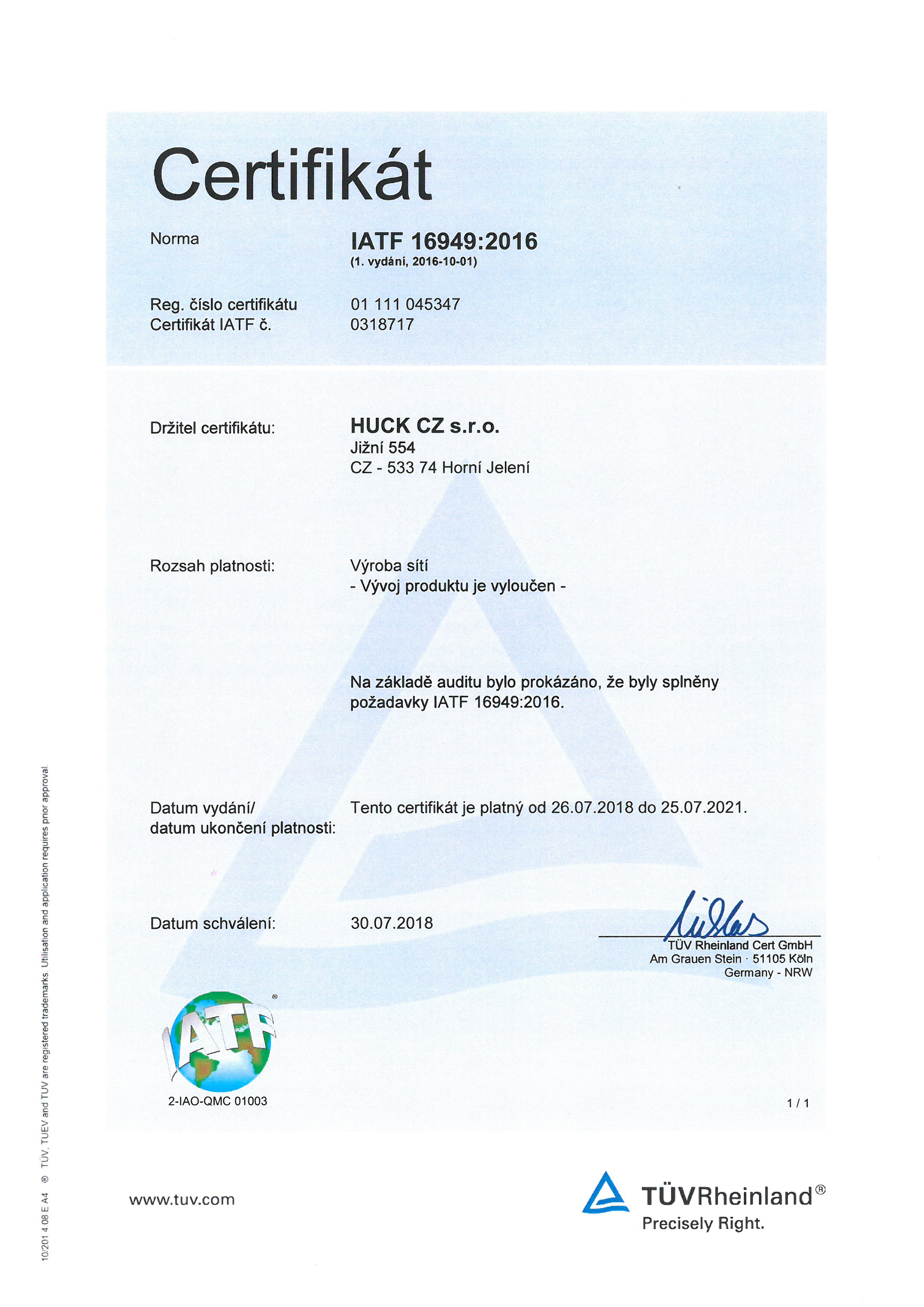 Certifikát IATF 16949 CZ