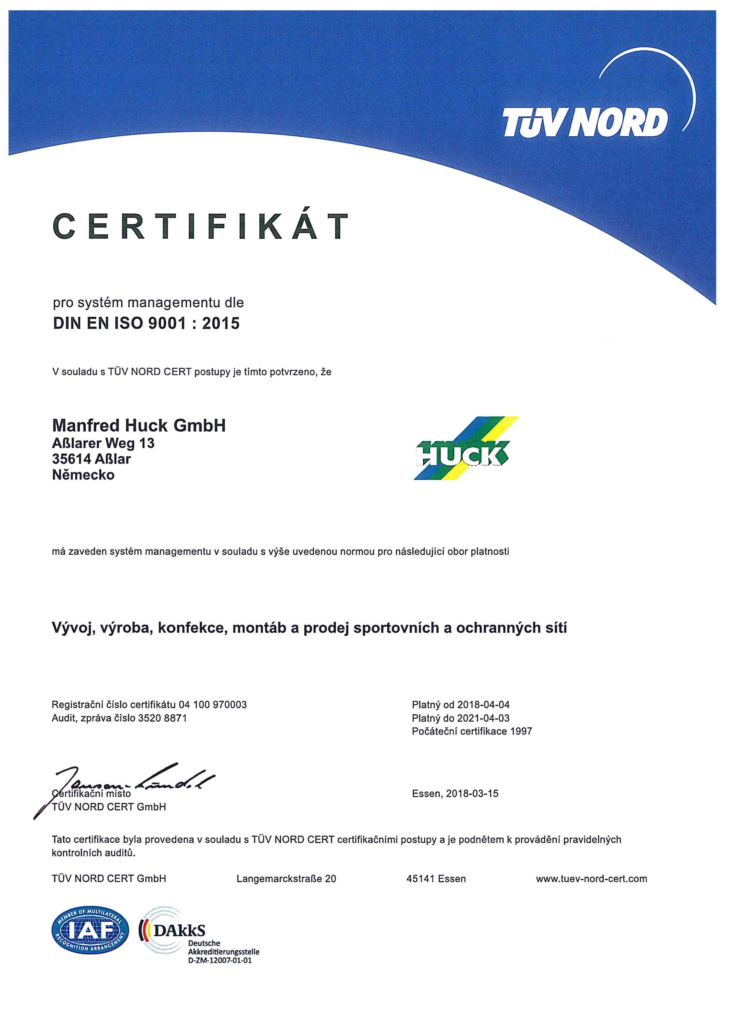 certifikát 9001 DE